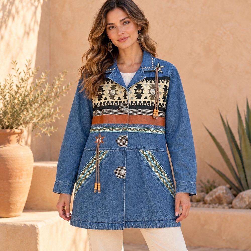 220 Hickory Blair Denim Southwestern Jacket Aztec Star Beaded Tassel Blue Small